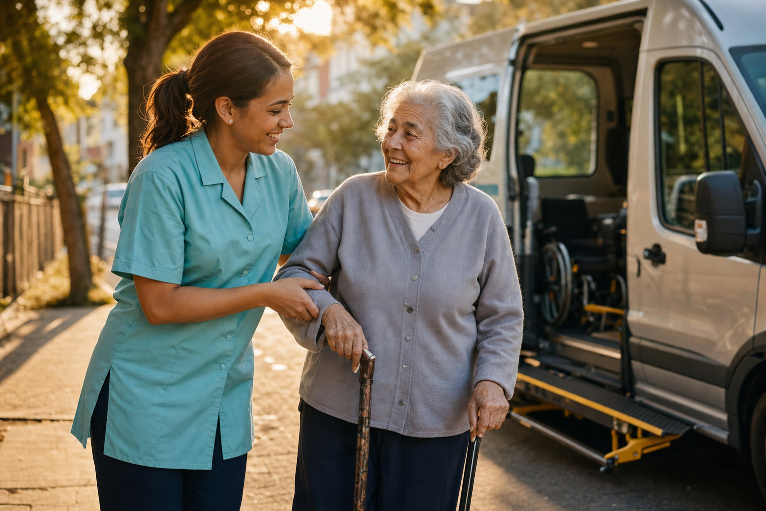 A caregiver in a teal uniform warmly helping a smiling elderly woman with a cane beside an accessible wheelchair-equipped van in golden morning light
