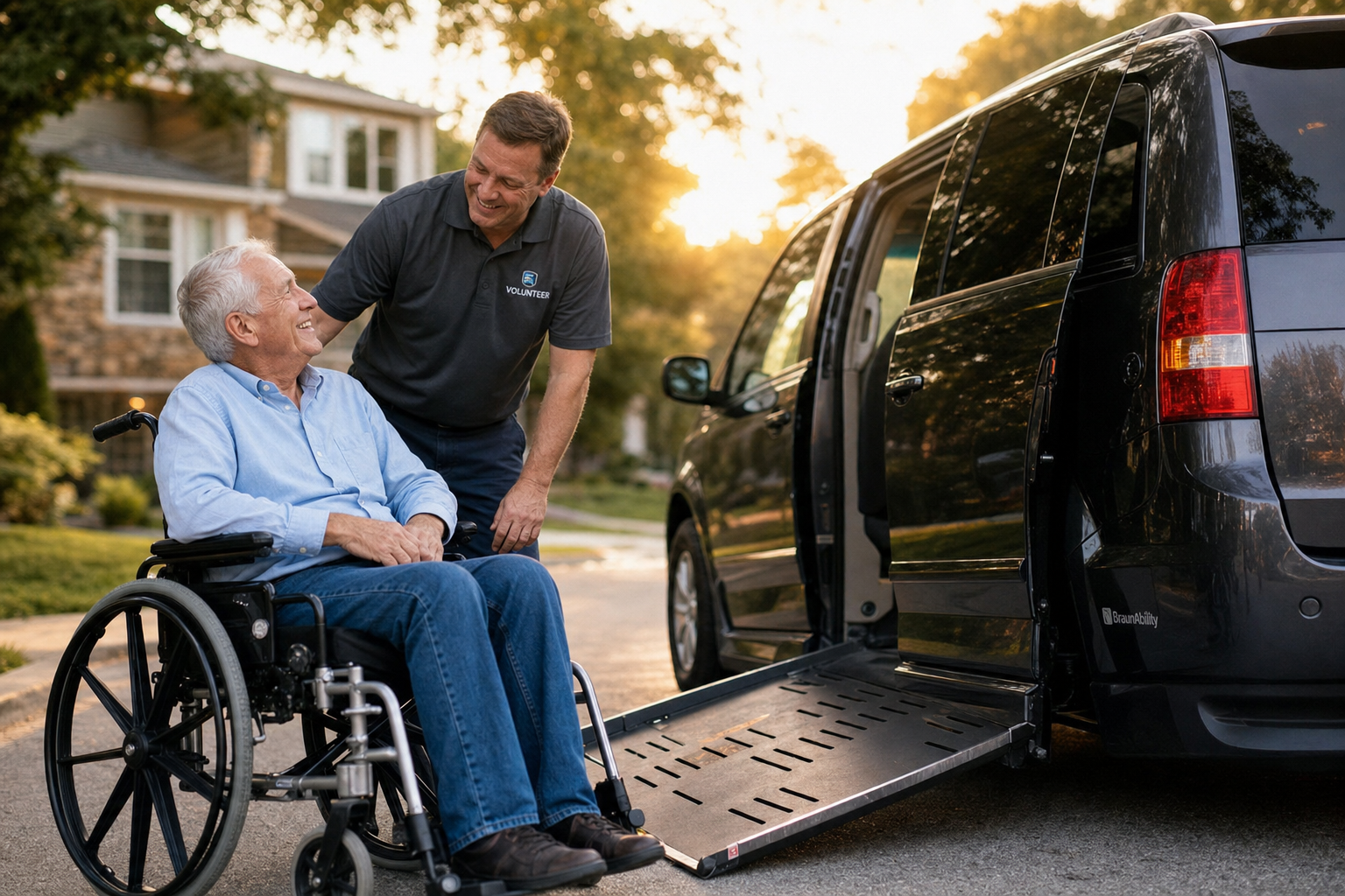 A volunteer driver assisting a smiling elderly man in a wheelchair onto the lowered ramp of an accessible minivan at golden hour